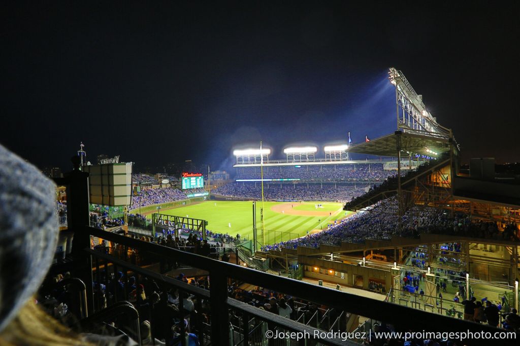 Wrigley Field from the rooftop of a venue that sells tickets to see the game.