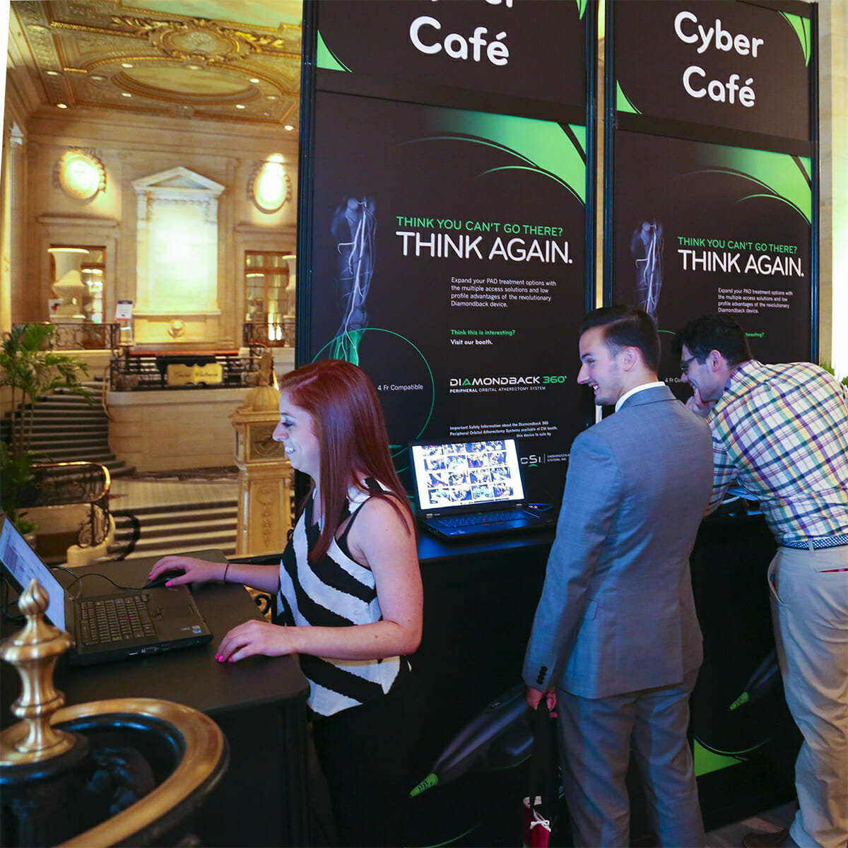 Chicago, Illinois convention photography of attendees working in the cyber cafe lounge at a medical convention.