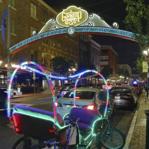 Gaslamp District with lighted buggy in foreground in San Diego, CA