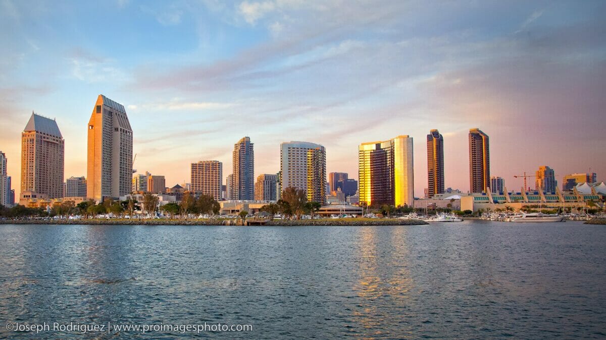 San Diego Skyline at dusk. San Diego Convention Center is at the far right. Skyline of Downtown San Diego, home of the San Diego Padres and Conventions.