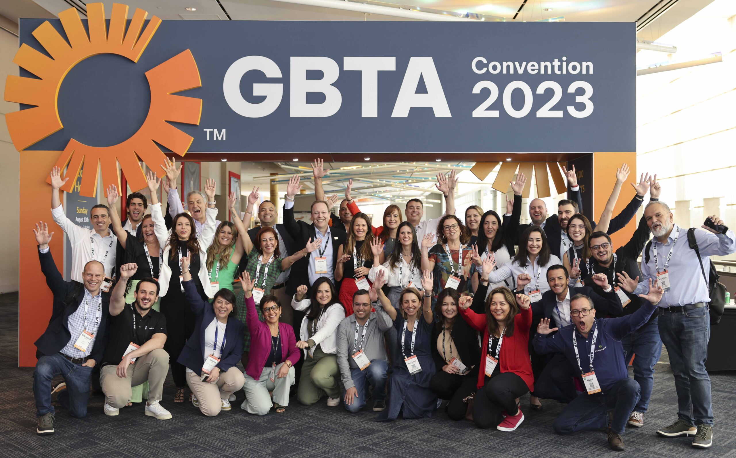 Dallas, Texas convention photography of a large GBTA group photo at the Kay Bailey Hutchison Convention Center.
