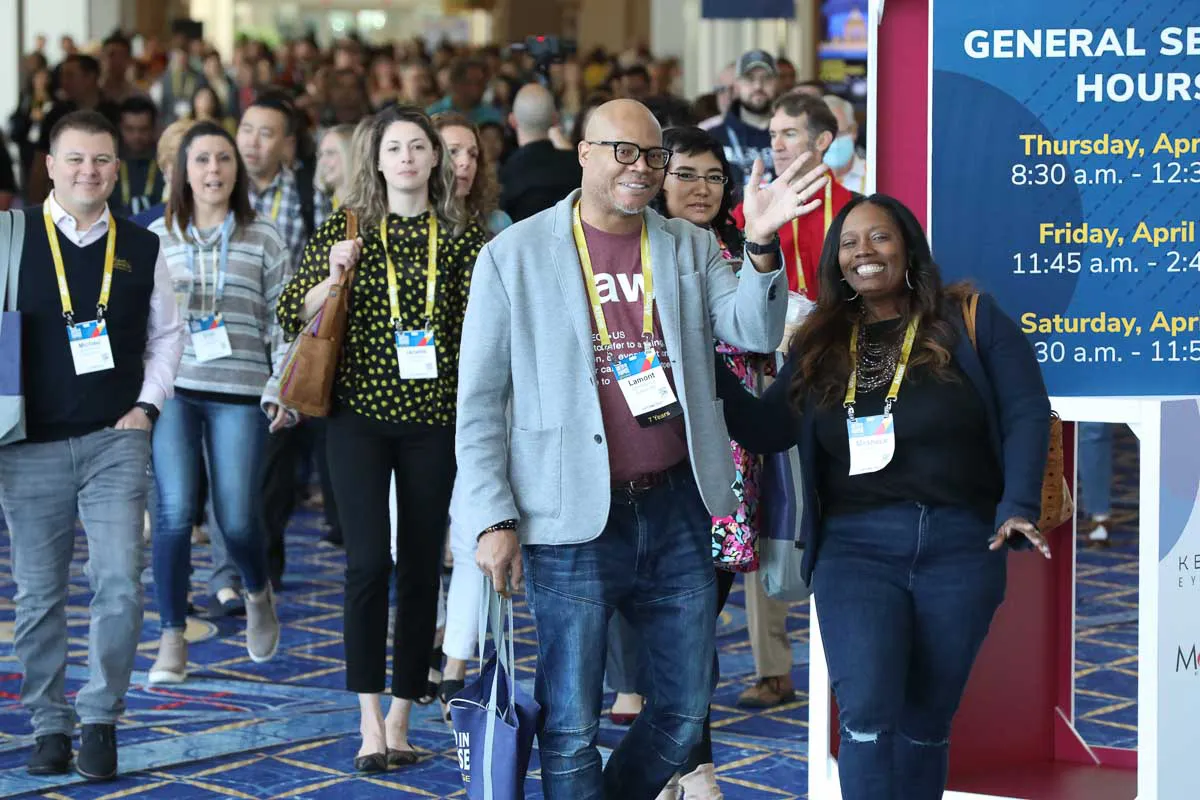 San Diego convention photography capturing hundreds of corporate GBTA attendees exiting a major general session venue.