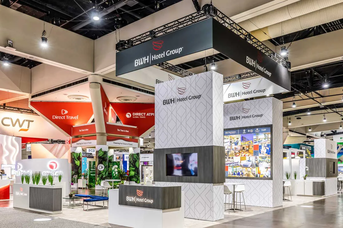 San Diego trade show booth photography capturing a clean BWH Hotel Group custom exhibit pavilion before the doors open.