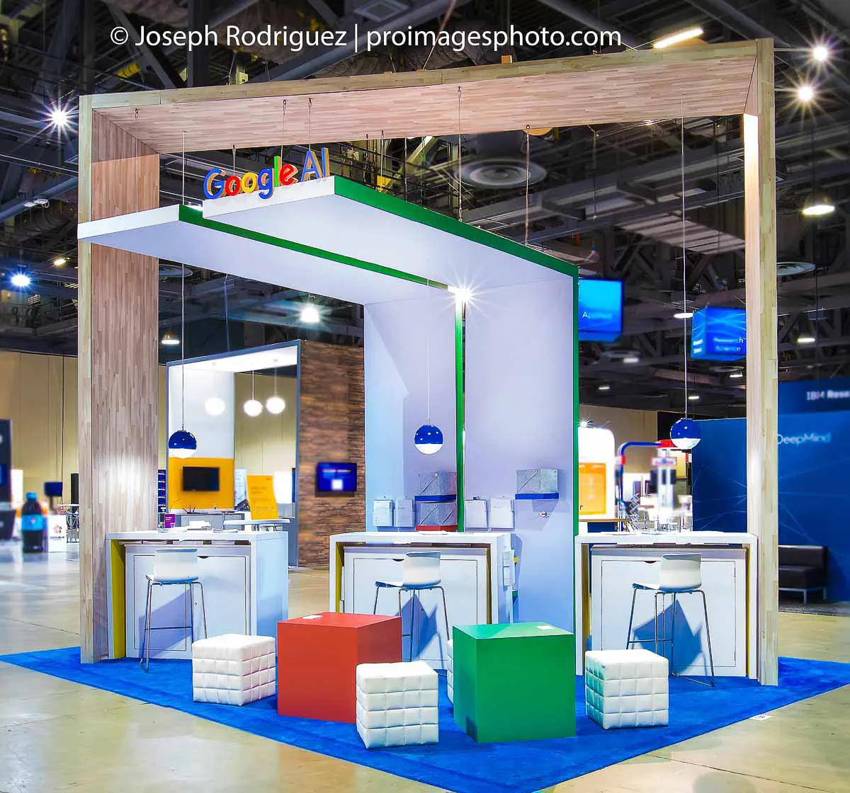 San Diego trade show booth photography capturing a clean, empty Google AI corporate exhibit before the convention opens.