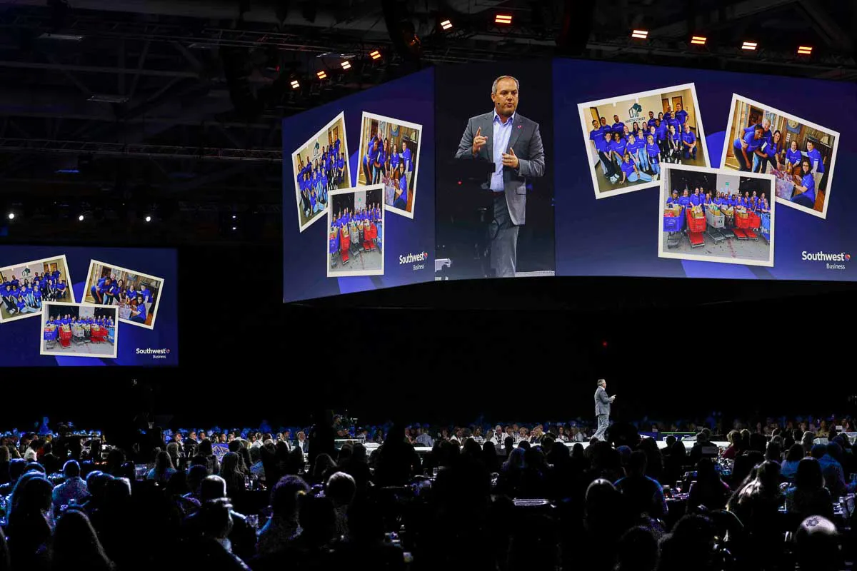 San Diego, California convention photography of a wide main stage during a Southwest Airlines general session.